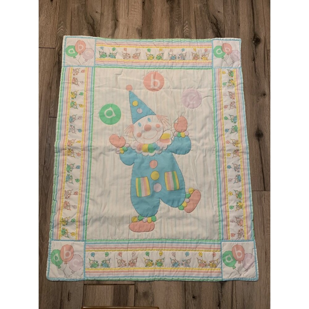 41 x 32 Clown Quilted Baby Blanket Homemade Fabric Panel Design Balloons ABC’s